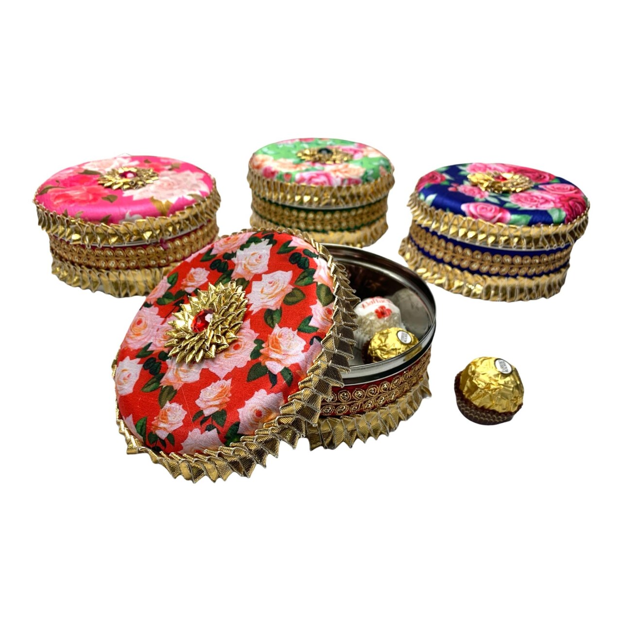 1 PC Decorative Gotta Steel Ladoo Box 400 Grams Designer Sweet Box Indian Wedding Housewarming Shagun Gift Festival Pooja Favor Return Gift for Friends Family Guest Bridesmaid